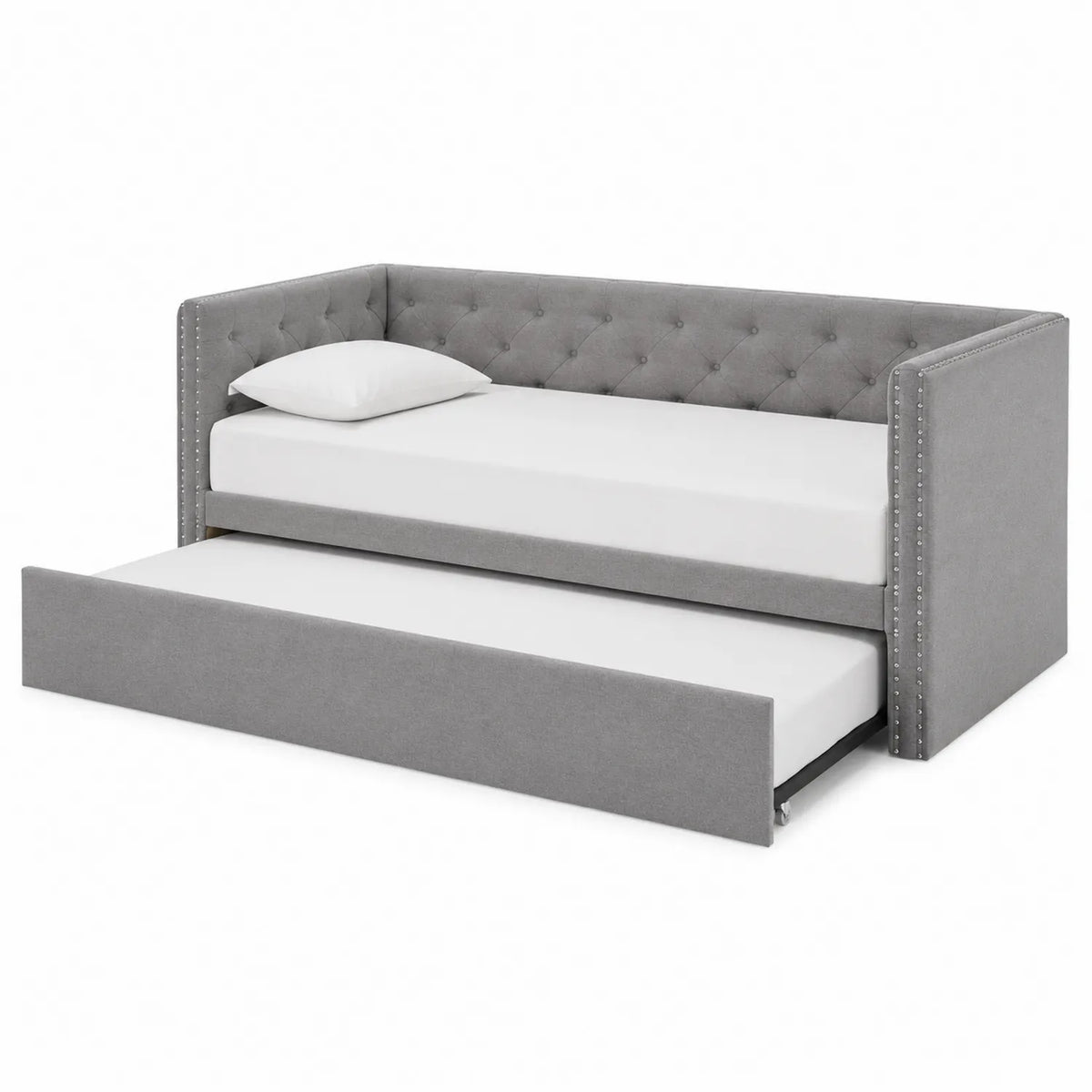 Sofá-cama estofado com cama extraível em poliéster cinzento