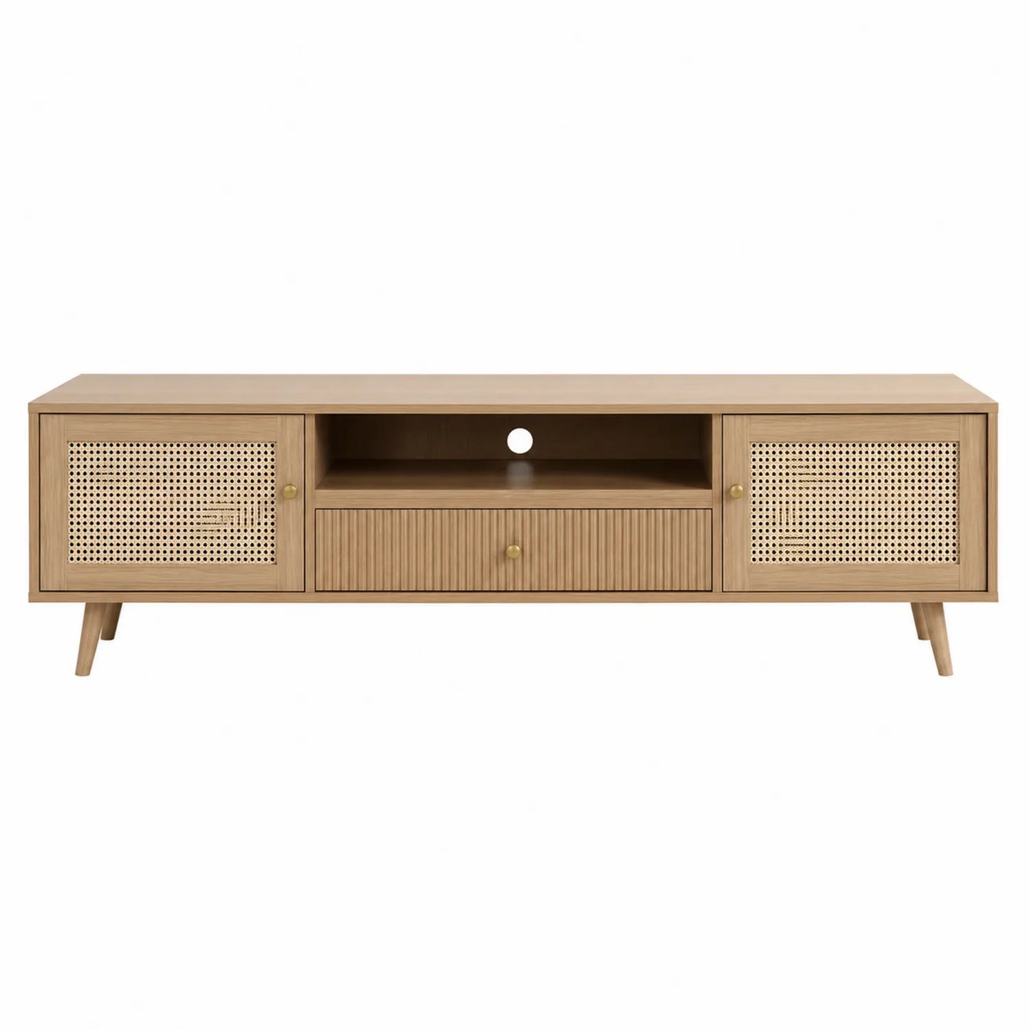 Drewniana szafka RTV z drzwiami rattanowymi Beżowa 150x40x50 cm