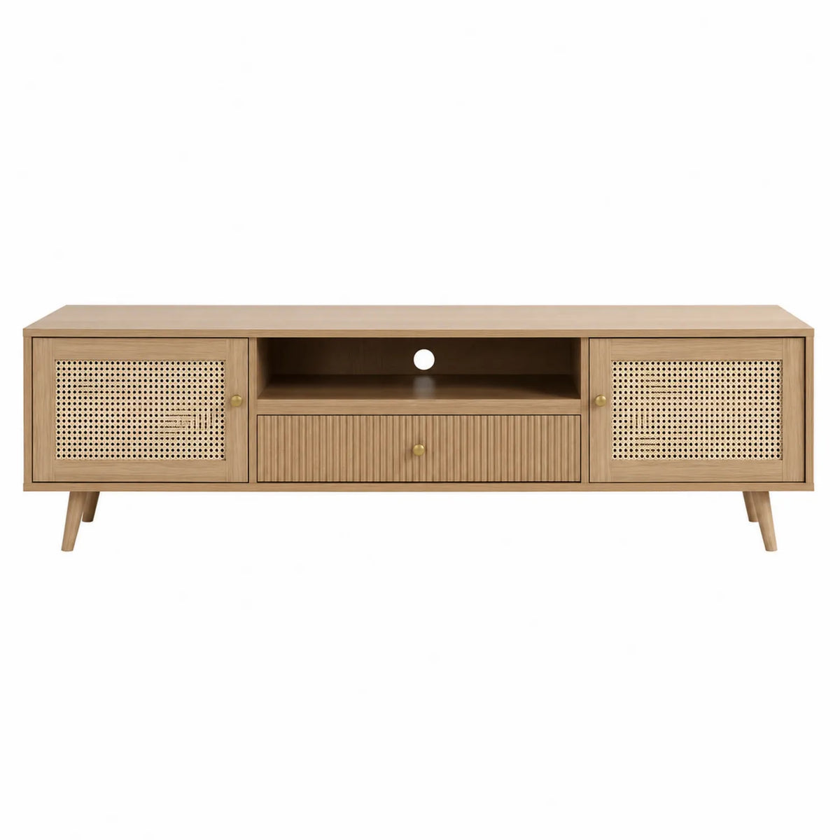 Drewniana szafka RTV z drzwiami rattanowymi Beżowa 150x40x50 cm