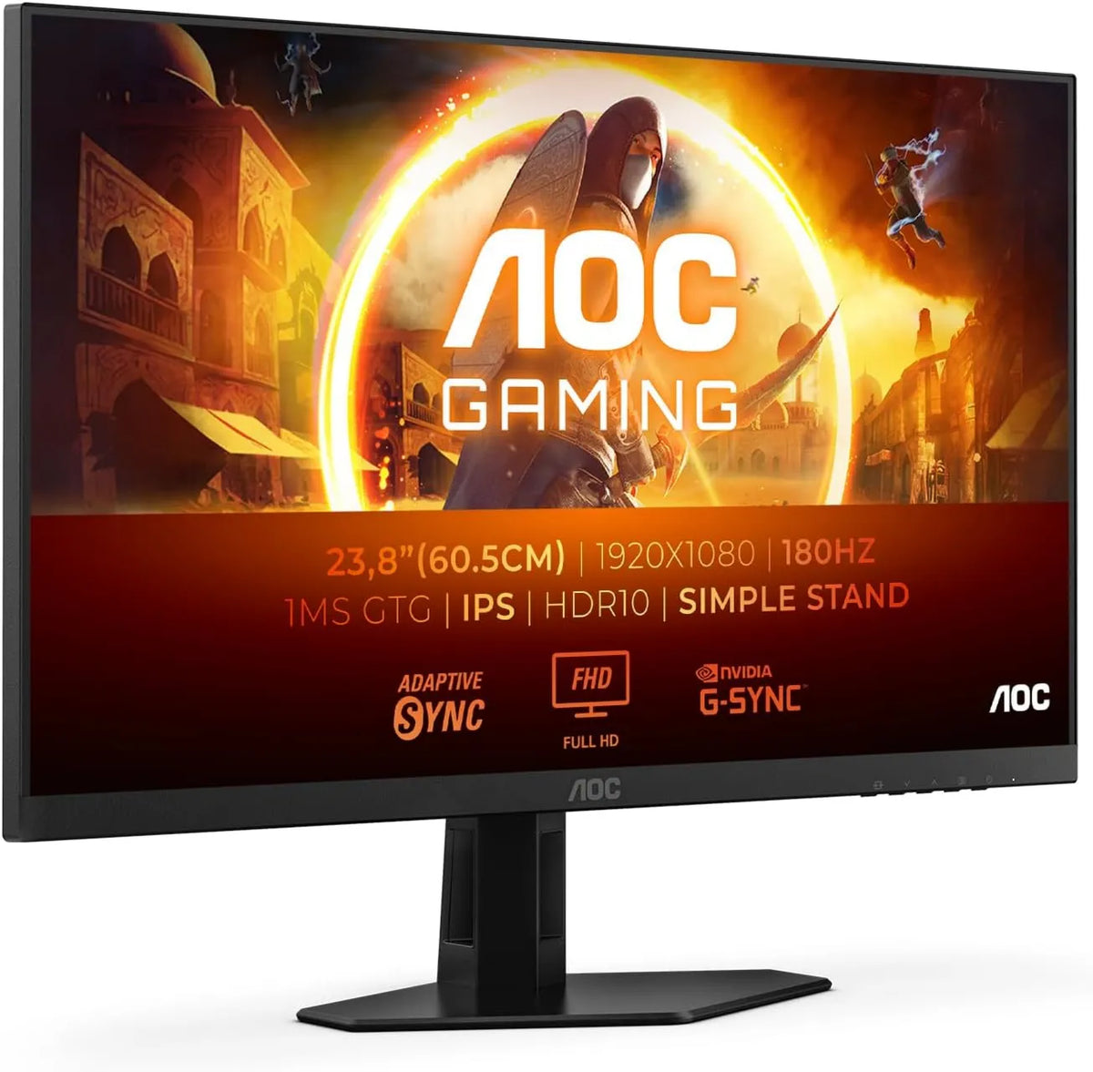 Monitor, 24 polegadas, 1920 × 1080, 1 ms, 180 Hz, AOC 24G4xED, configuração de jogo, HDR, placa IPS, HDMI, ecrã PC, preto, HDR10, 1ms GtG, 0 DP 1x 1
