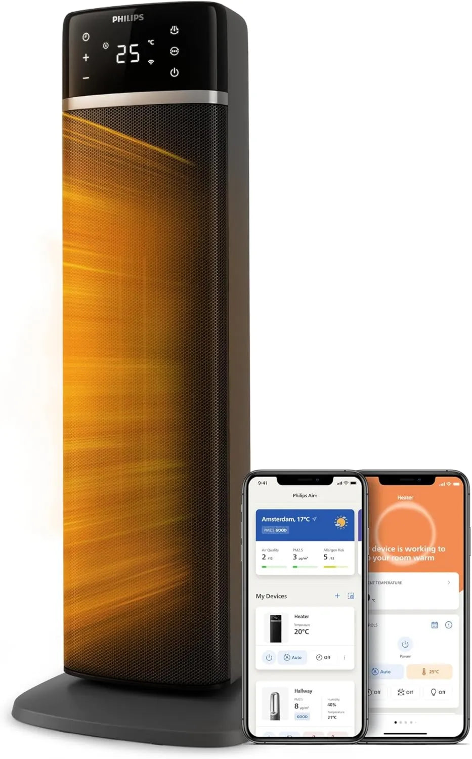 PHILIPS 2sec Cx5120/11 Radiador elétrico, 2000 W, oscilação, laje IPS, 2 zonas de temperatura, preto, Air+ app, até 20m2, Philips Heating