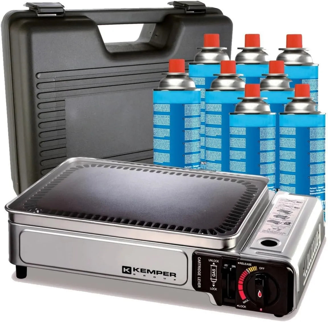 Produto Plancha portátil de gás 2300W + 8 cartuchos de gás + Caixa de transporte Cozinha exterior Camping Terraço Churrasco, Kemper