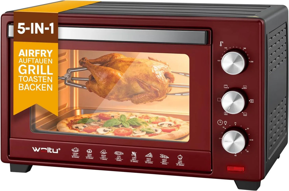 Forno elétrico, 32 L, 1600 W, 100 a 230 °C, temporizador, compacto, 2 zonas de temperatura, preto, 60 min temporizador, 4 elementos de aquecimento, WOLTU Mini Quatro