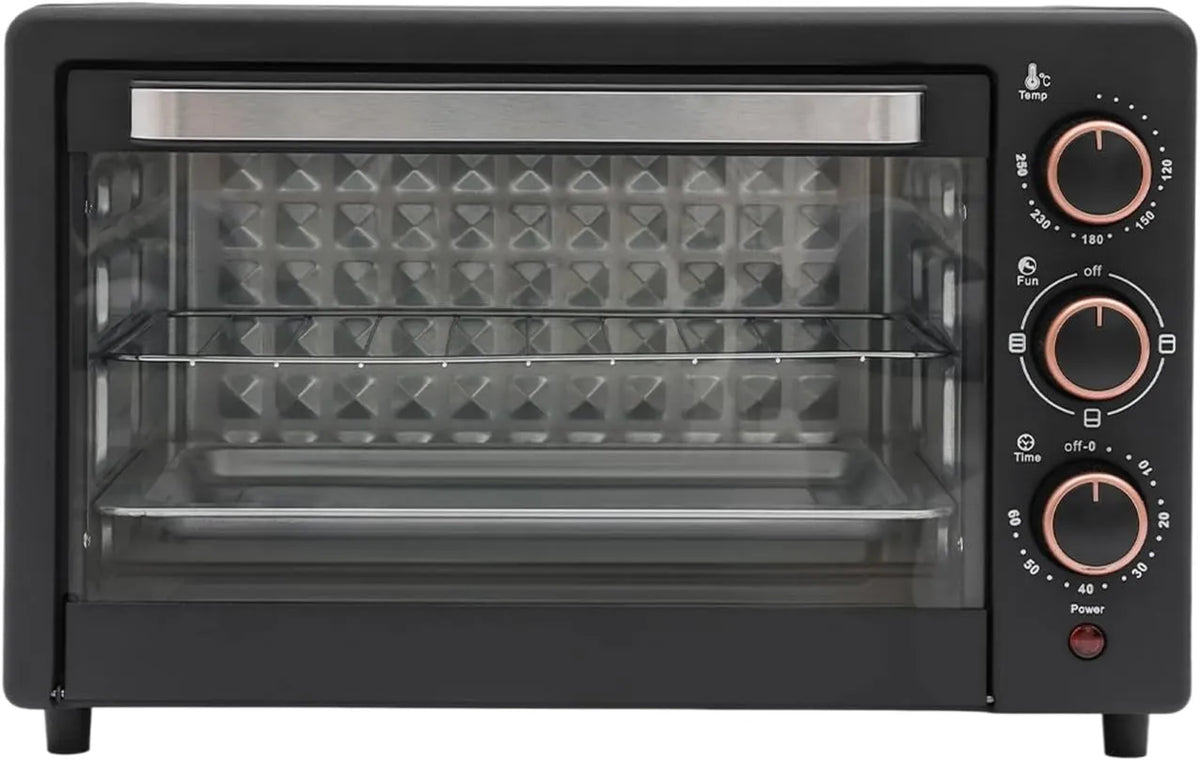 Dokiiovo Forno de pizza elétrica, 42 x 25 x 37 cm, 22 L, 1000 W, 120 a 250 °C, 220 V, temporizador, compacto, 2 zonas de temperatura, preto, snack bar, festa