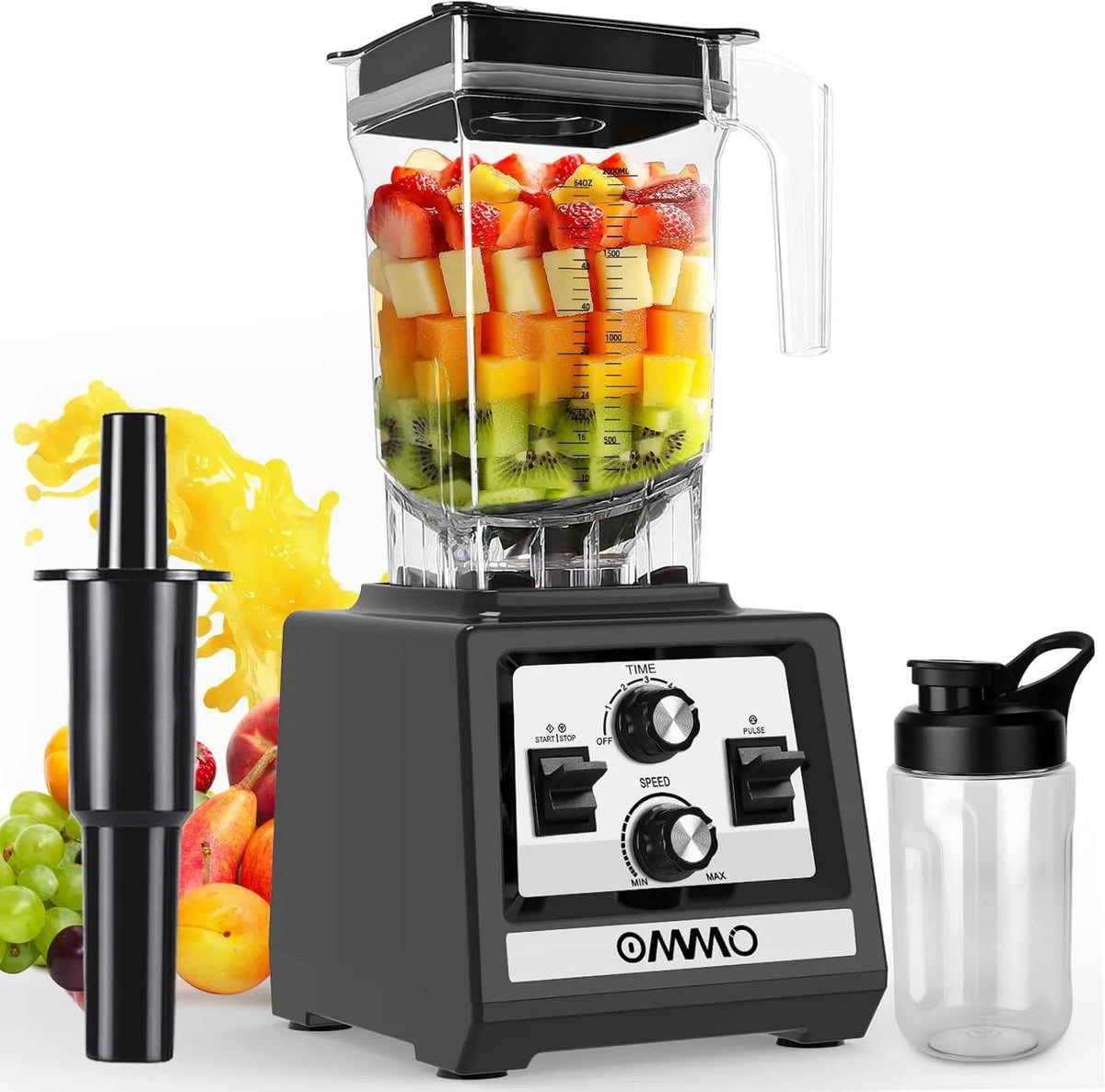 OMMO Blender, 2 L, 1800 W, Timer, Professional, BPA-Free, Smoothie Mixer 1800W Max, Shakes, Congelados Bebidas e Frutas, Com Timer e controlo
