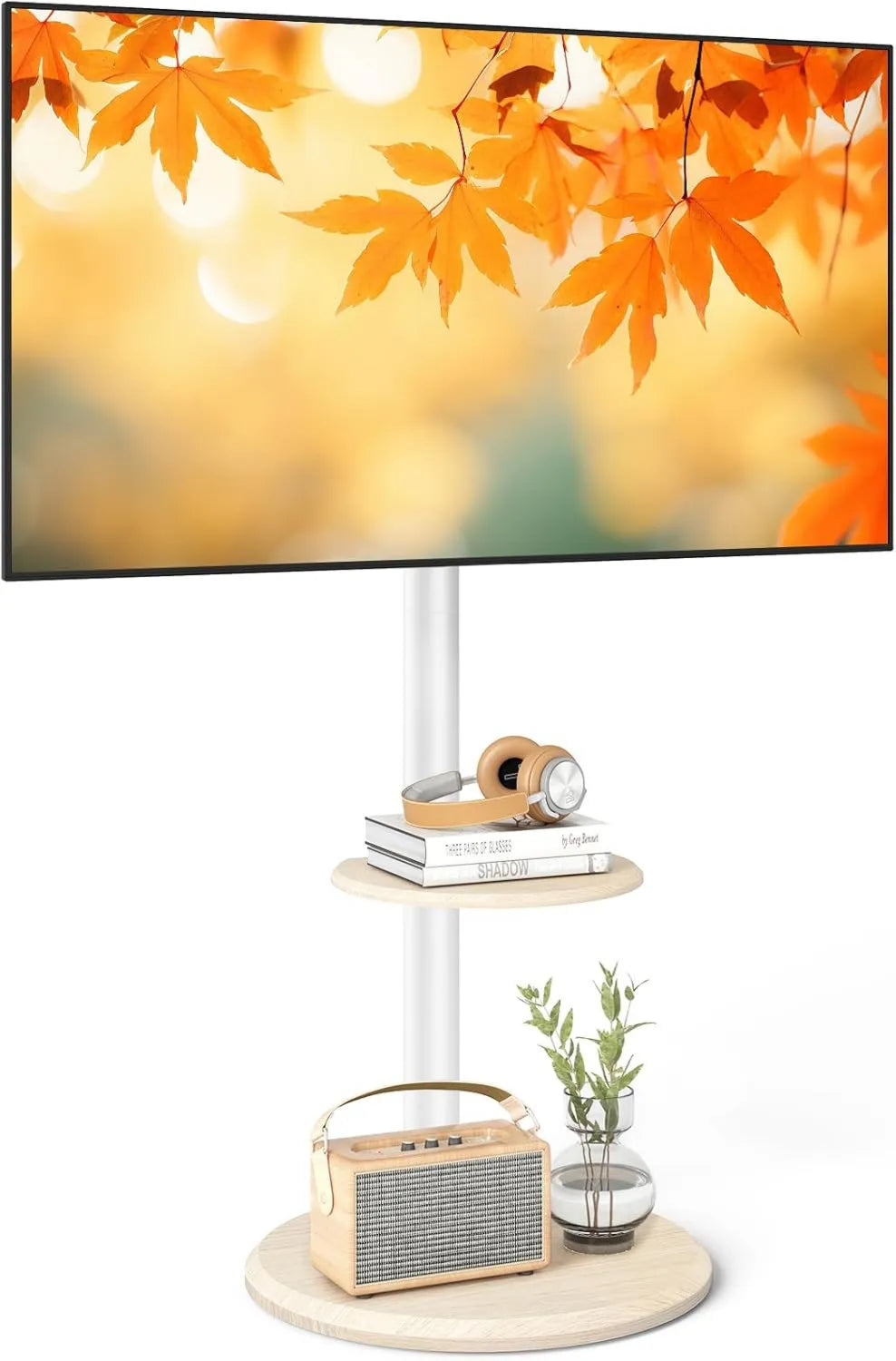 RFIVER suporte de TV, 65 polegadas, 400x400mm, rodas móveis, branco, altura de inclinação ajustável, prateleira de madeira design chique, fácil montagem
