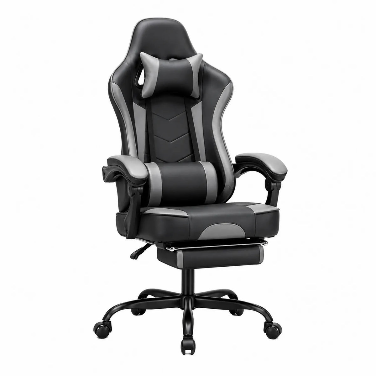 Cadeira gaming em pele sintética com apoio de pés extensível, preto e cinzento