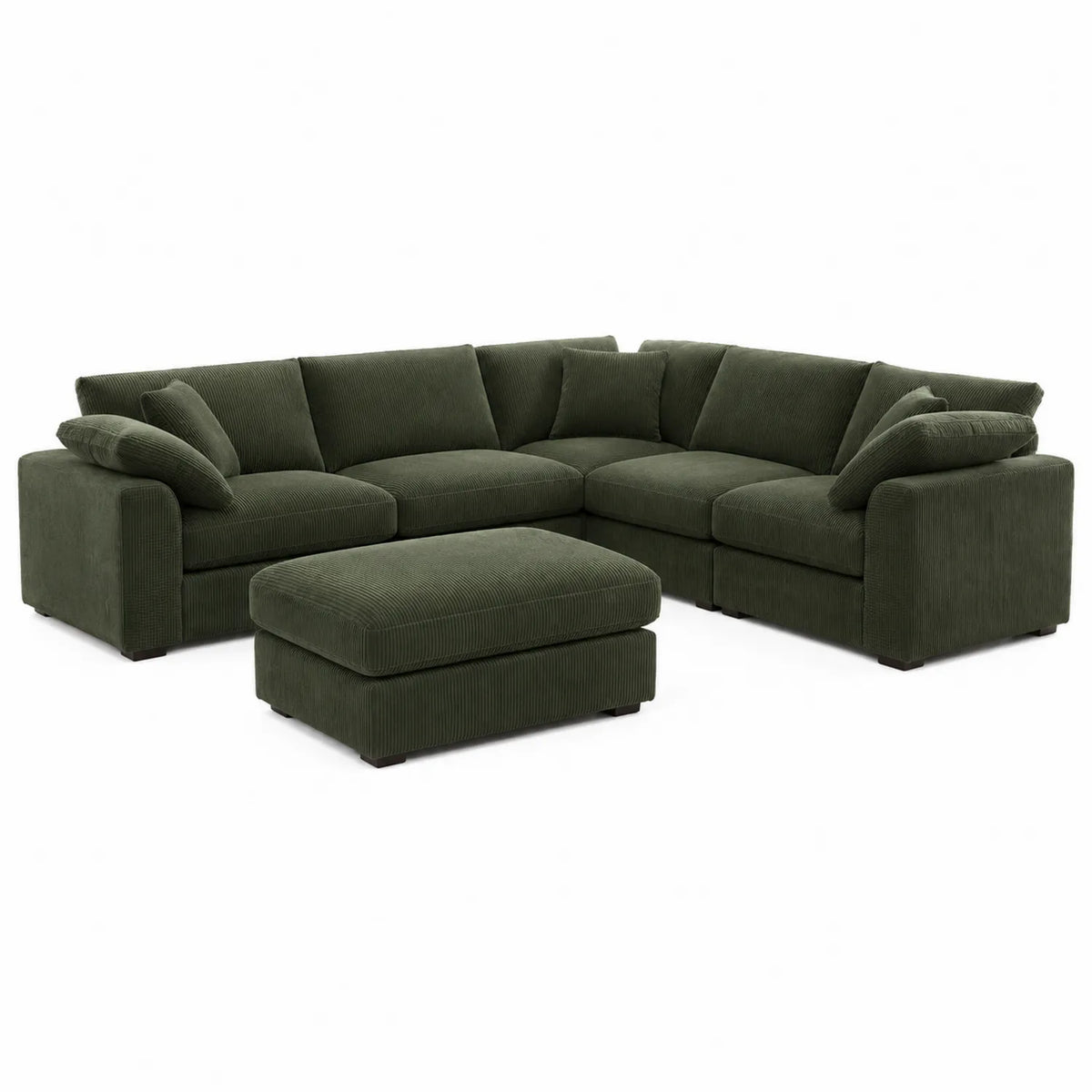 Narożna sofa sześcioosobowa z zielonej szenilowej sztruksowej tkaniny