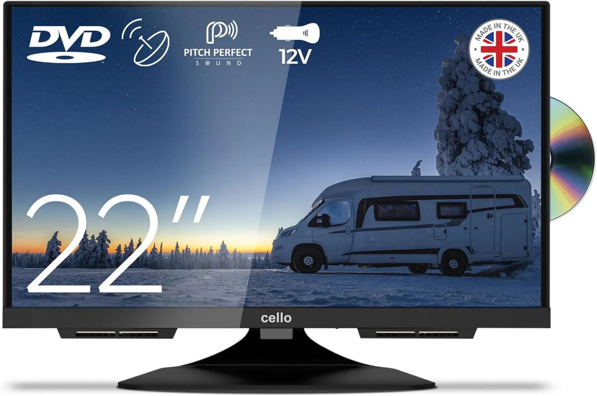 Cello Smart TV C2224F, 22 polegadas, TV, sintonizador triplo DVB-T2, S2, sem moldura, camping, HD 12 volts Grand Angle, conveniente, com leitor de DVD, adequado para