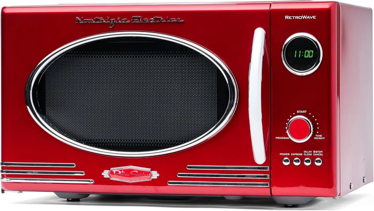 Nostalgia Microondas, 25, 4 L, vermelho, 12 configurações de cozinha pré-definida, grandes 800 Watts, aparelhos de cozinha