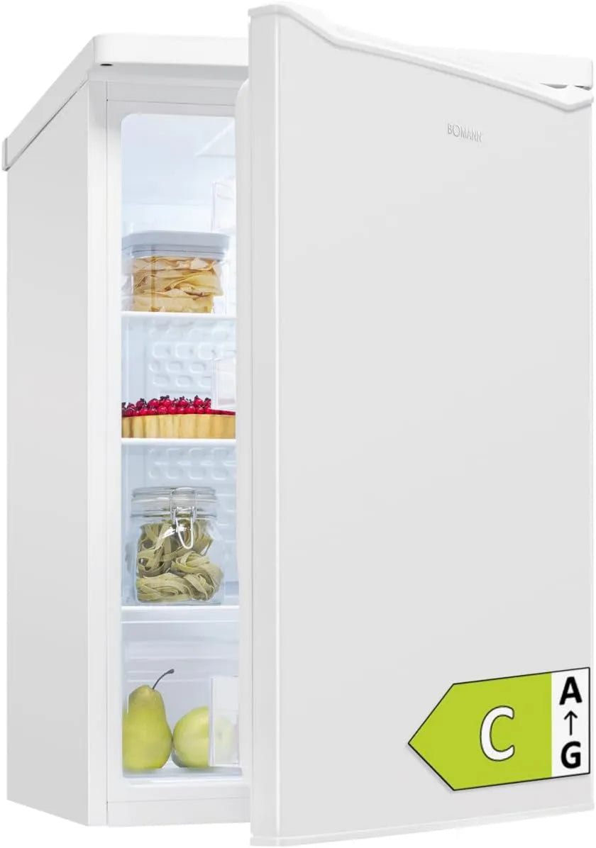 Bomann Frigorífico, 126 L, classe energética C, instalação gratuita, iluminação LED, 2 zonas de temperatura, branco, prateleiras de vidro, controlo do