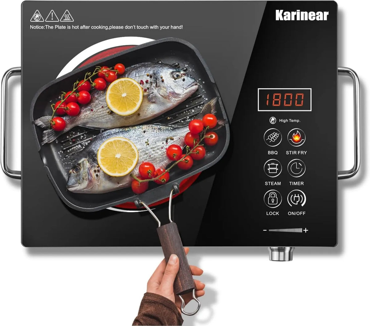 Karinear Placa de vidro cerâmico, 1 lareira, 220 V, portátil, toque, temporizador, trava, camping, 650 °C Max, 220V, com tomada, Segurança para crianças