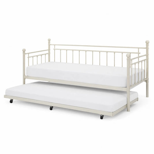 Łóżko metalowe z wysuwanym stelażem beżowe 200x90 cm