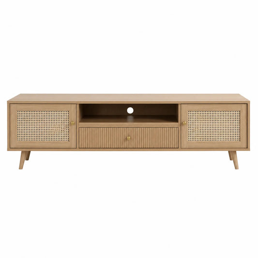 Drewniana szafka RTV z drzwiami rattanowymi Beżowa 150x40x50 cm