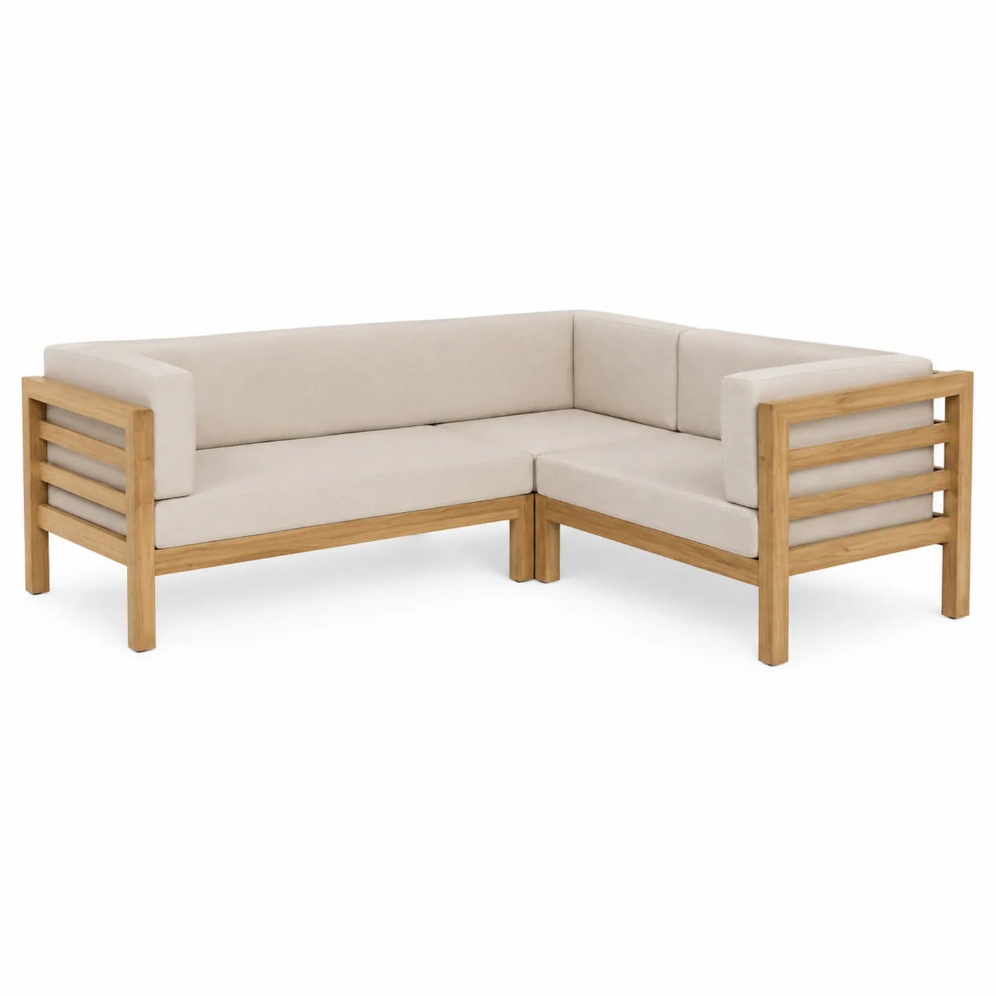 Narożnik ogrodowy z drewna teak i beżowych poduszek 220x180x65 cm