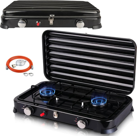 Qdreclod Placa de gás, 2 lareiras, portátil, camping, placa de gás, mangueira de gás e regulador de pressão 50 mbar, 4 kW, fogão a gás GPL
