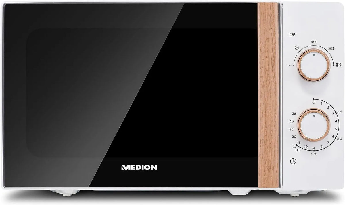 MEDION Microondas MD10596, 20 L, temporizador, descongelamento, microondas, branco, 700 watts, 5 níveis de potência, 20 litros, madeira-like, porta espelho