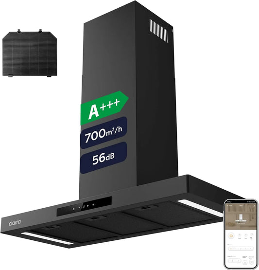 CIARRA CBCB9102-P CBCF004 exaustor, 90cm, 700m3/h, capa de cozinha, evacuação e reciclagem, Boost, toque, Wi-Fi, silencioso, preto