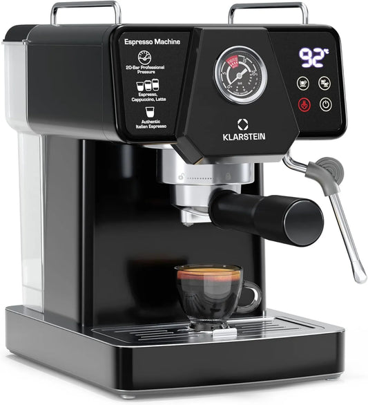 KLARSTEIN 19 bar, máquina de café Libeica, 1350 W, aço inoxidável, 8 L, tanque 1, design elegante, bico de vapor, painel de toque