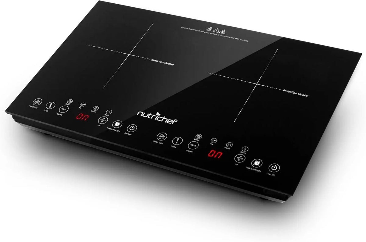 NutriChef Placa de indução, 120 V, mesa de cozinha de indução, travamento, portátil, aço inoxidável, aço inoxidável, compatível, 2 lareiras de aquecimento, Nutriche