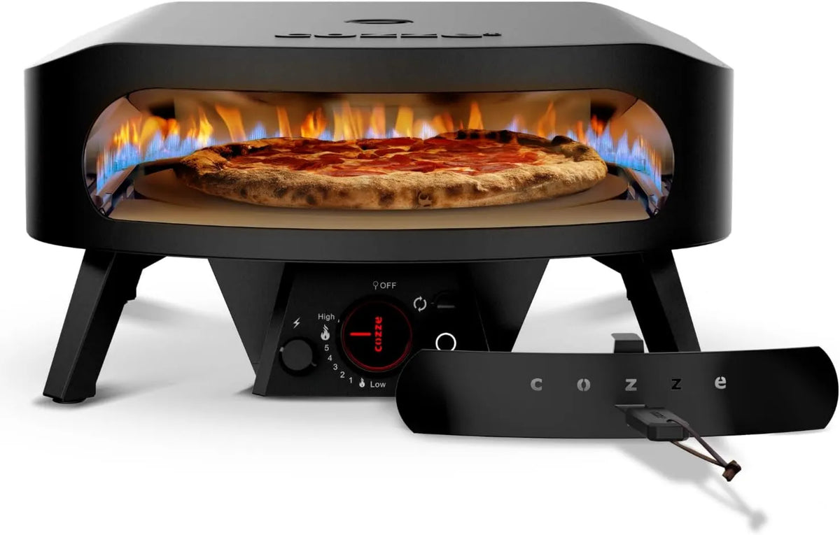 Forno de pizza elétrica, 17 polegadas, Ø 43 cm, ao ar livre, Cozinhando em 2 minutos, cozze® 17' Gás do forno de pizza Pierre Rotative preto Edição Ø43 cm .