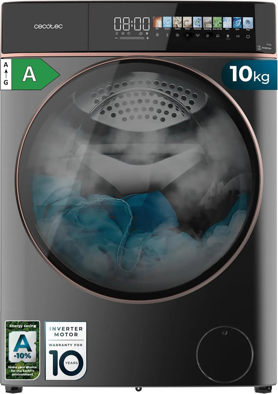Cecotec Bolero DressCode 10900 Máquina de lavar roupa, 10, 3 polegadas, 11 programas, 10 kg, classe energética A, inversor, 1400 tr, SteamMax, ecrã 10, min