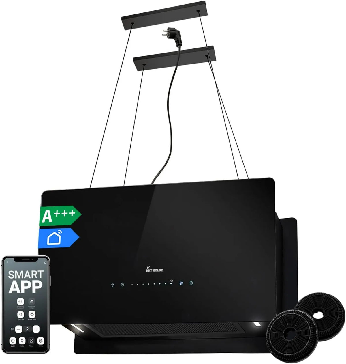 exaustor m3/h CUBE60FB, 60 cm, 684 m3/h, capa de cozinha, Wi-Fi, preto, LED, WiFi Smart App, 9 velocidades, KKT KOLBE Capa suspensa A+++ 60