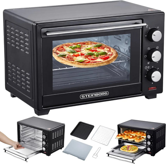 Steinborg Forno de pizza elétrica, 25 L, 1600 W, temporizador, compacto, 60 min temporizador, 3 em 1 forno de pizza, placa de Ramasse Mittle, Vault e calor único
