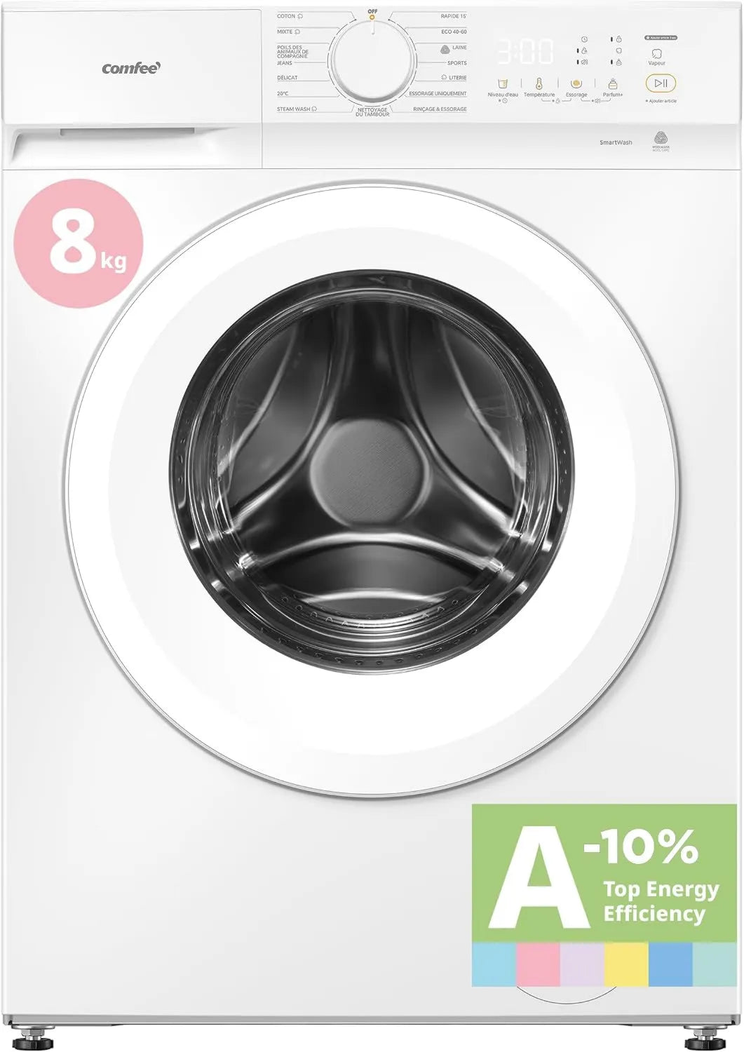 Máquina de lavar roupa 1400RPM CF08EWP05W, 8 kg, classe energética A, Lavagem a vapor, Rápido 15', Comfee' 8KG Lavagem Classe A-10% 1400RPM Lavagem inteligente