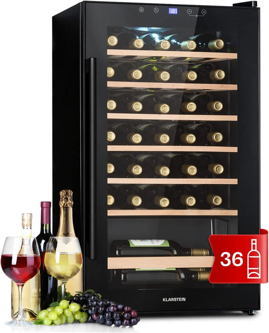 KLARSTEIN adega elétrica, 36 garrafas, 5 a 18 °C, toque, Frigorífico Bar, proteção UV, Frigorífico Vinho em Pés com Porta