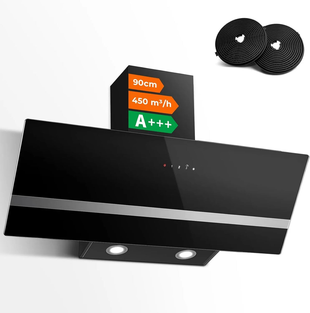 SNDOAS exaustor, 90cm, 450m3/h, capa de cozinha, inclinação, evacuação e reciclagem, 3 velocidades, instalação de parede, Boost, preto, Evacuação ou