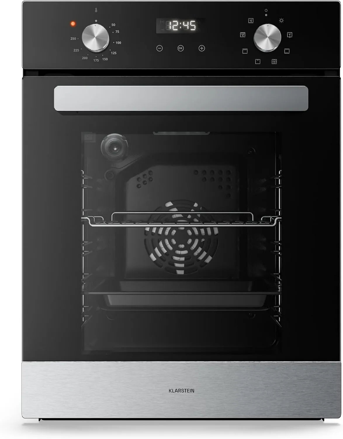 KLARSTEIN Forno elétrico, 45 cm, 49 L, classe energética A, encastrado, aço inoxidável, preto, 8 modos, controlo rotativo, fácil limpeza
