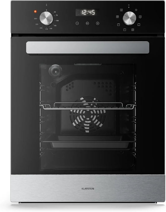 KLARSTEIN Forno elétrico, 45 cm, 49 L, classe energética A, encastrado, aço inoxidável, preto, 8 modos, controlo rotativo, fácil limpeza