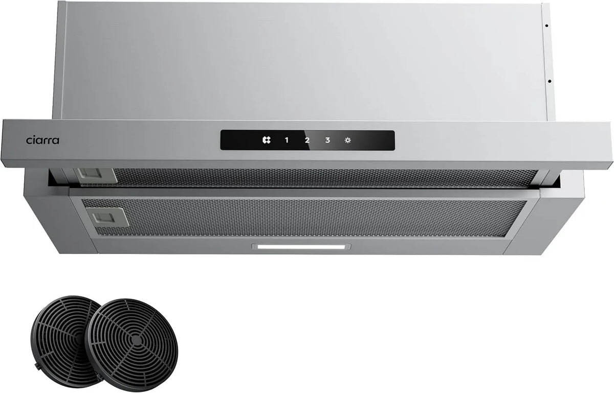 CIARRA CBCS6909A CBCF055 exaustor, 60cm, 606 m3/h, capa de cozinha, evacuação e reciclagem, 3 velocidades, encastrado, toque, aço inoxidável