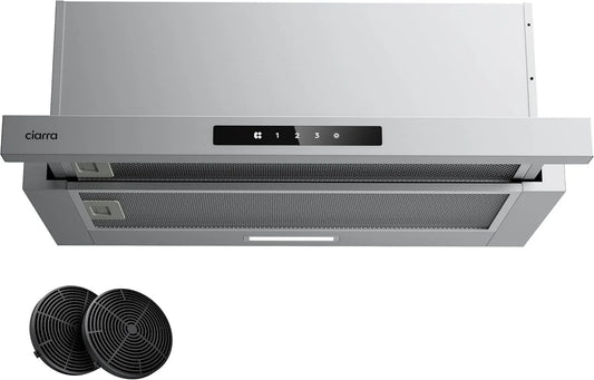 CIARRA CBCS6909A CBCF055 exaustor, 60cm, 606 m3/h, capa de cozinha, evacuação e reciclagem, 3 velocidades, encastrado, toque, aço inoxidável