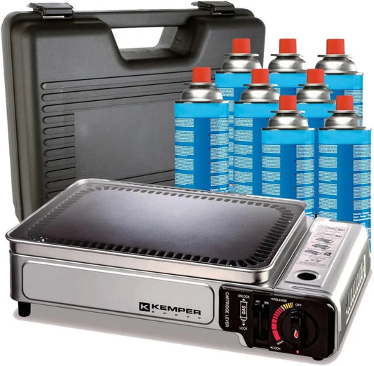 Produto Plancha portátil de gás 2300W + 8 cartuchos de gás + Caixa de transporte Cozinha exterior Camping Terraço Churrasco, Kemper