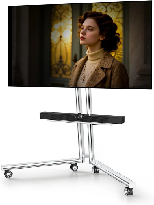 CNTSLNB suporte de TV, 65 polegadas, portátil, rodízios móveis, aço inoxidável, suporte de TV móvel com rolos com prateleira de barra de som para ecrãs