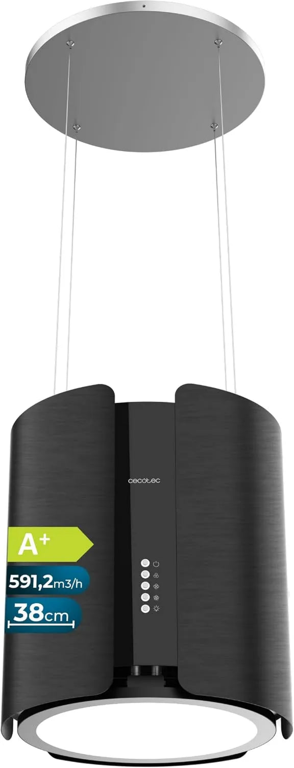 Cecotec Bolero CRE exaustor de fluxo, 38 cm, 591, 2 m3/h, classe energética A, capa de cozinha, preto, motor DC, Capota de sucção da ilha Cecotec