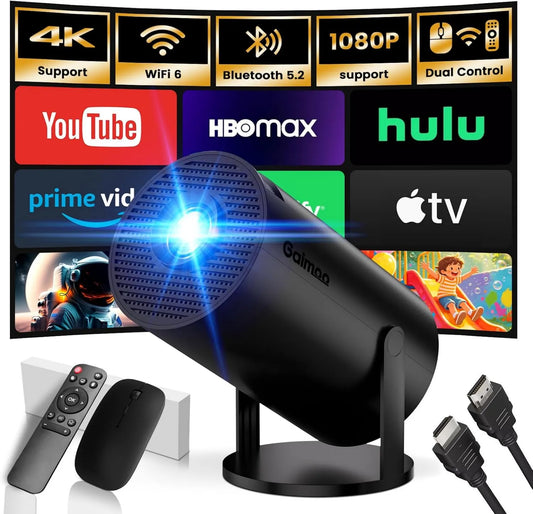 Gaimoo Smart TV 1080P, TV, 4K UHD, HDMI, USB, Wi-Fi, Bluetooth, preto, encastrado App Retroprojector, projetor de vídeo 2026 Suporte atualizado 4K 1080P