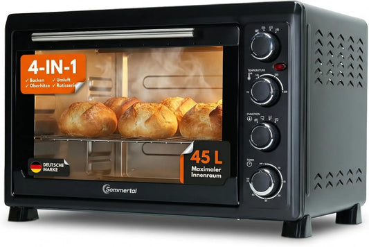 Forno de pizza elétrica, 45 L, 2000 W, 100 a 230 °C, temporizador, compacto, churrasqueira de frango, 60 min temporizador, churrasqueira e pizza, Sommertal Mini forno