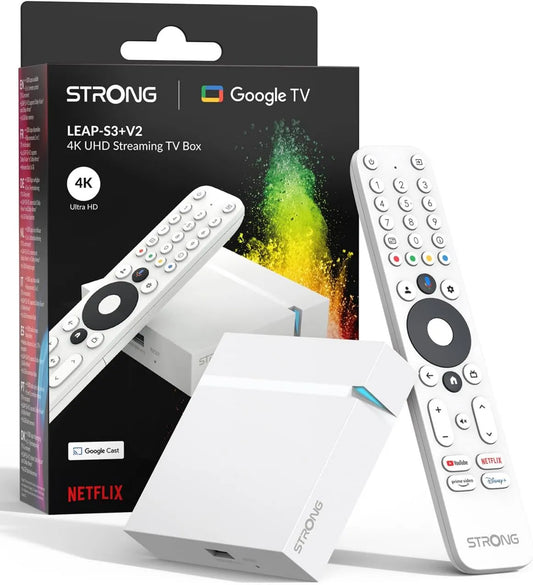 STRONG Google Leap-S3+V2 2GB Smart TV, TV, 4K UHD, HDR, som Dolby, Wi-Fi, RAM + 16GB Armazenamento, HDR10+, Dolby Audio & Dolby Vision, WiFi 5, Com Porto