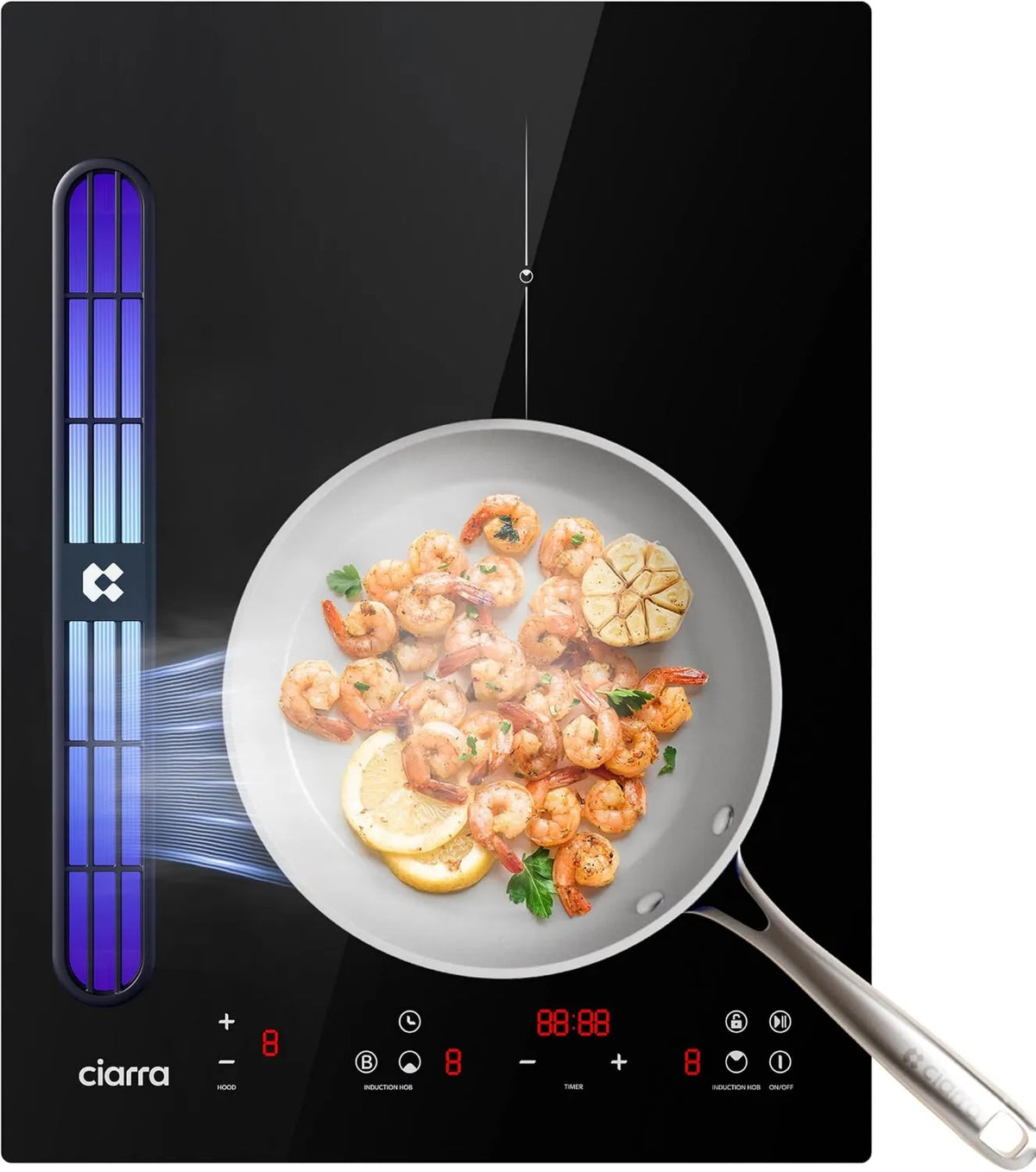 CIARRA Reciclagem-4 Placa de indução, 39cm, 3200 W, 460 m3/h, placa de cozinha indução, Boost, toque, evacuação e reciclagem, CIARRA ONE