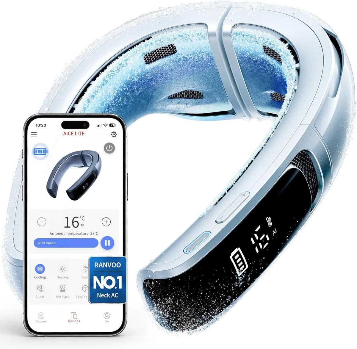 Ar condicionado 6000mAh, branco, fluxo de ar a 720°, RANVOO Aice LITE MAx 2026 Ar condicionado com COU com IA, ventilador COU recarregável 6000mAh