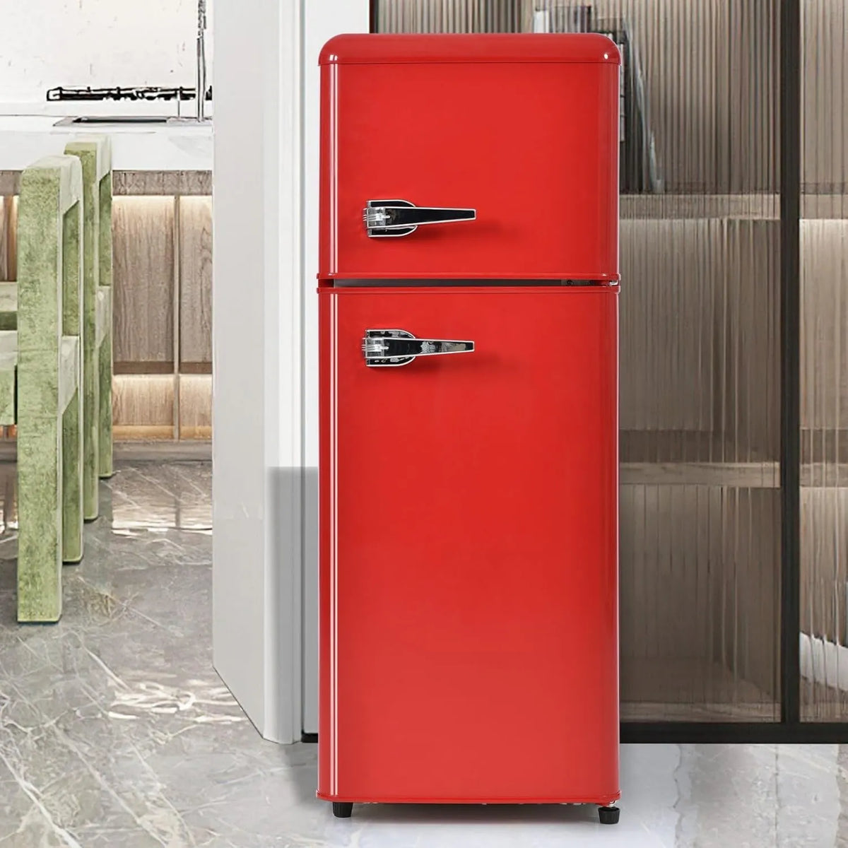 Congelador, 92 L, vermelho, Sweiko Retro frigorífico, duas portas, Vermelho, volume total de 92 litros com 28 litros de capacidade de congelação