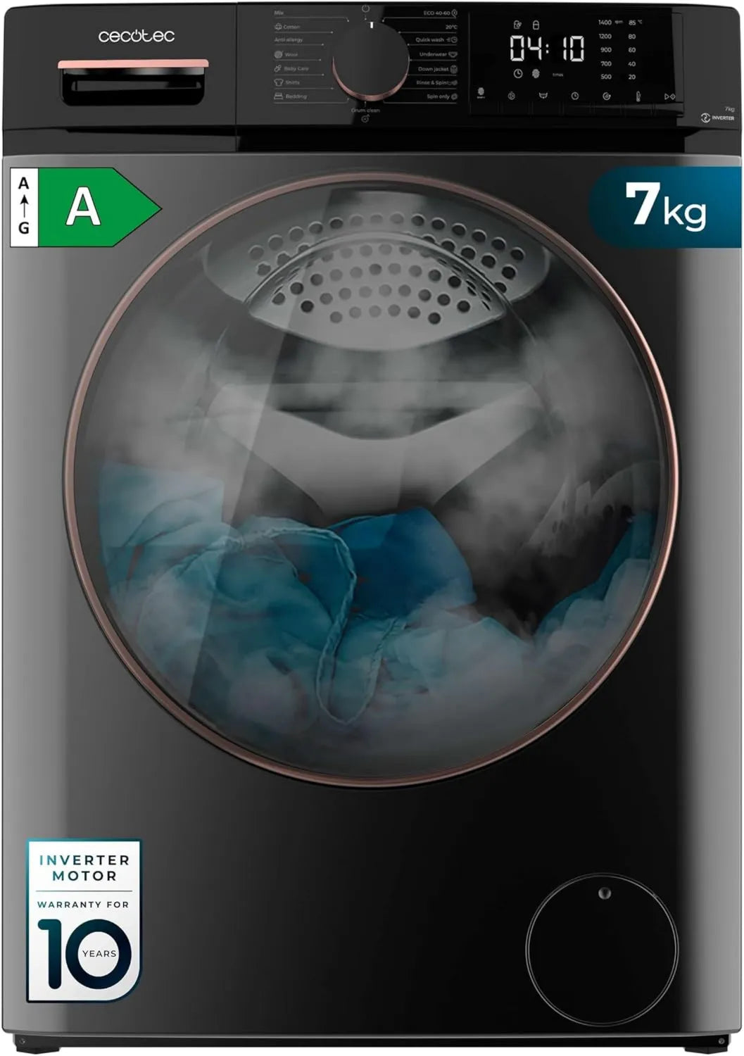 Cecotec Bolero Dresscode 7610 Máquina de lavar roupa, 15 programas, 7 kg, classe energética A, Inversor, vapor, 1400 tr, min