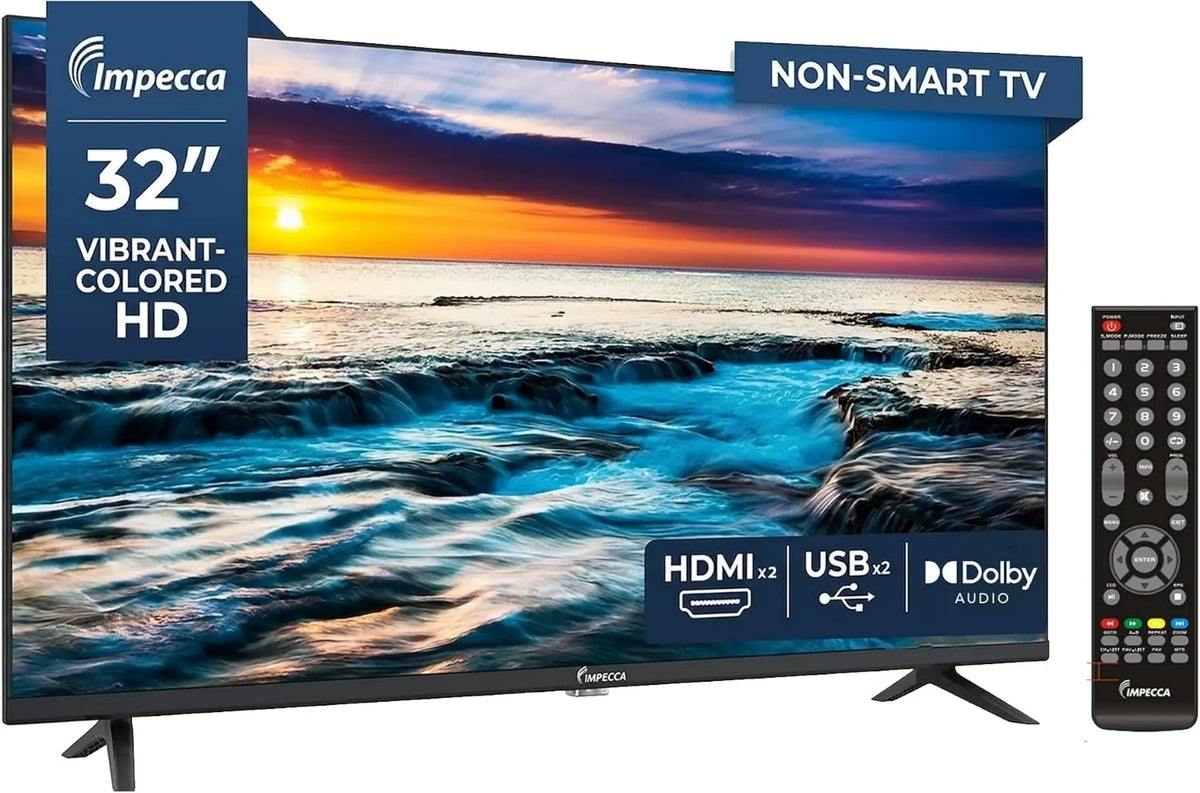 Impecca Smart TV 720P, 32 polegadas, TV, HDMI, USB, instalação de parede, sem moldura, comando à distância completo, colunas estéreo encastrados, montagem de parede