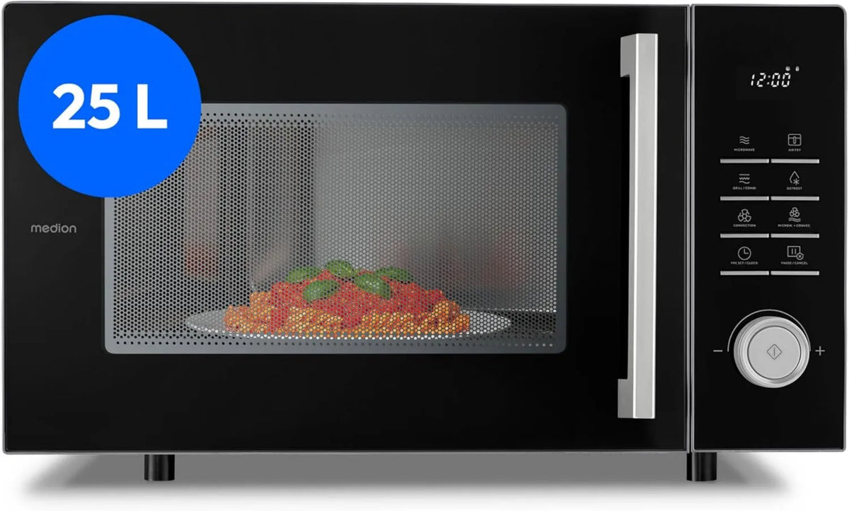 MEDION Microondas MD12231, 25 L, 11 programas, grelha, microondas, cinza, função de ar quente 1.500 watts, 10 níveis de potência, Microondas