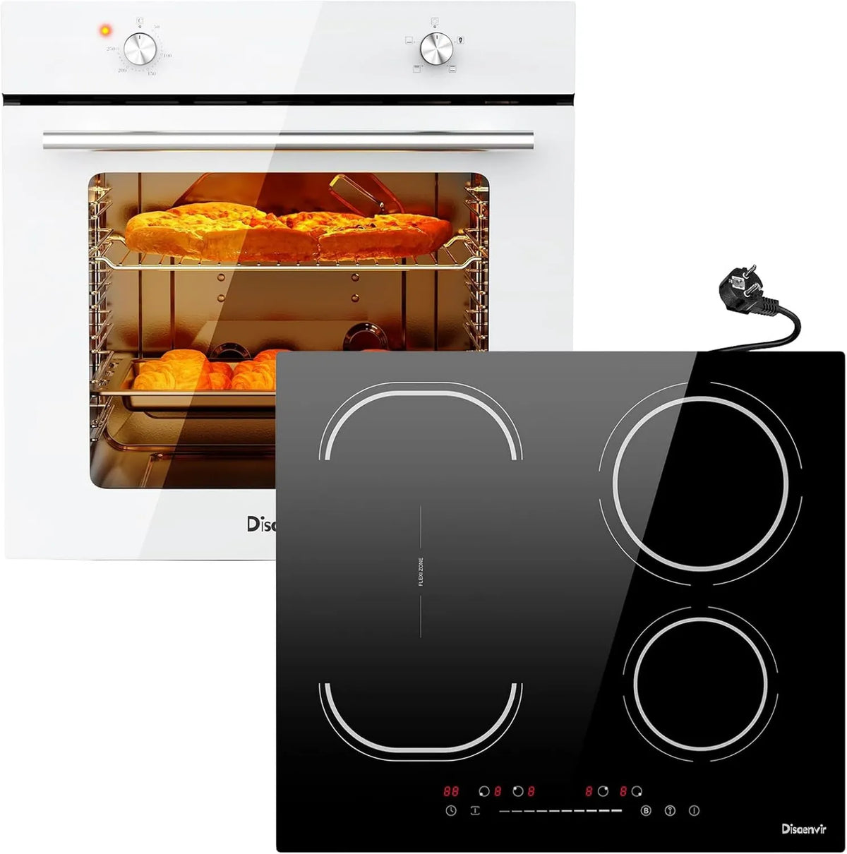 Forno elétrico, 60 cm, 65 L, 4 lareiras, 3500 W, 4 programas, encastrado, área flexível, vapor, branco, 4 funções + Indução de Placa de Disaenvir 4 zonas