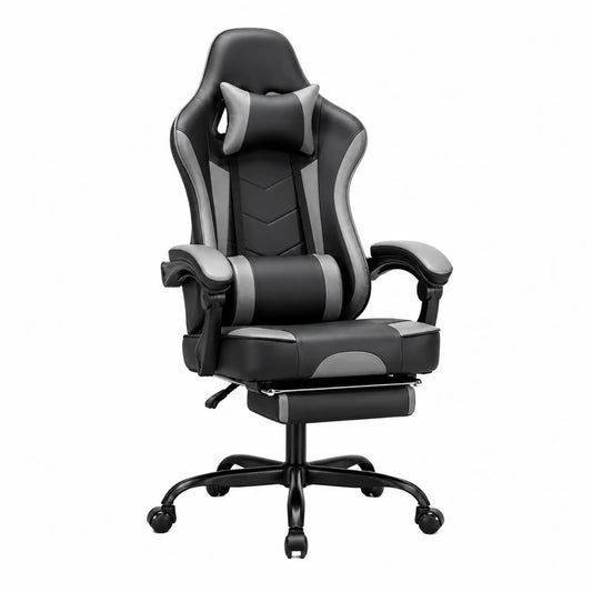 Krzesło gamingowe z ekoskóry z wysuwanym podnóżkiem czarno-szare