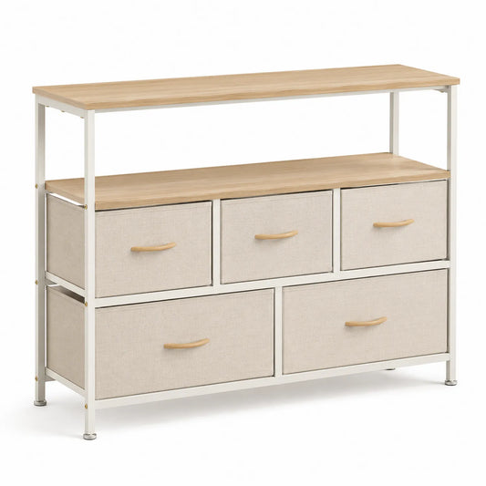 Komoda z szufladami z materiałów MDF i metalu, 5 szuflad, Beżowa